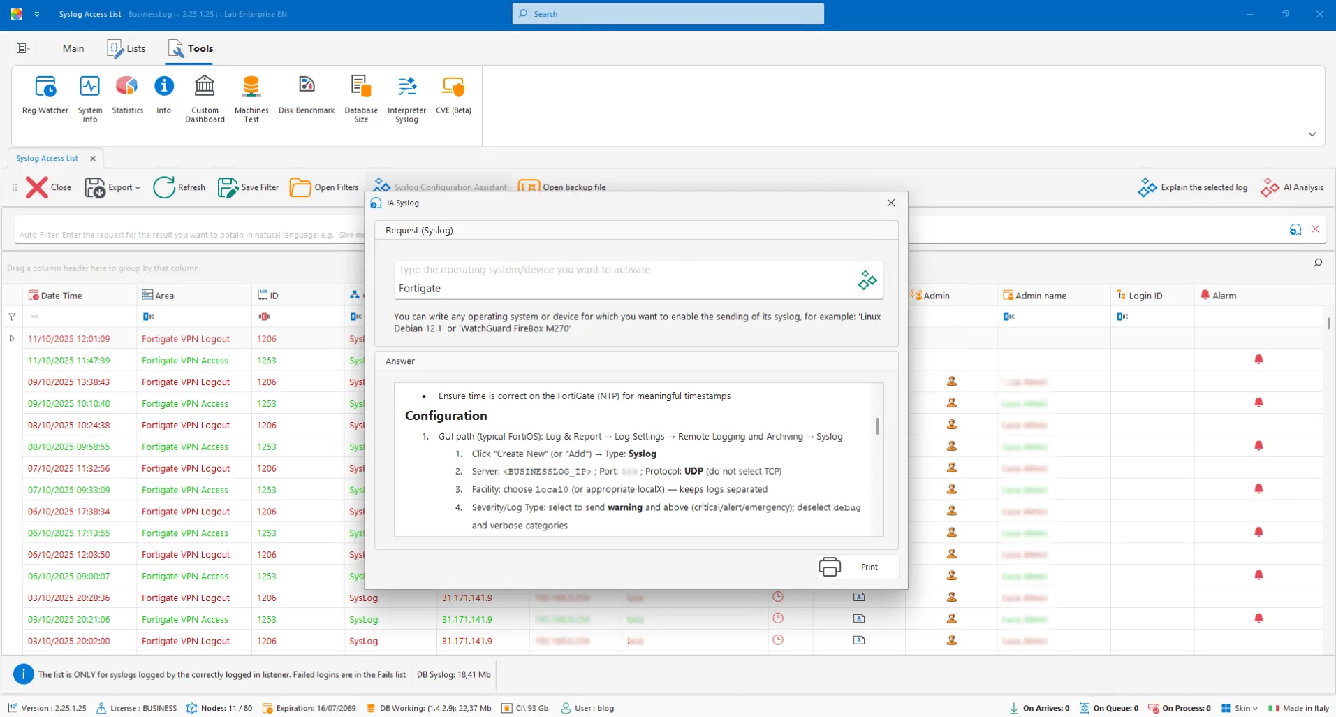 Syslog configuration with AI