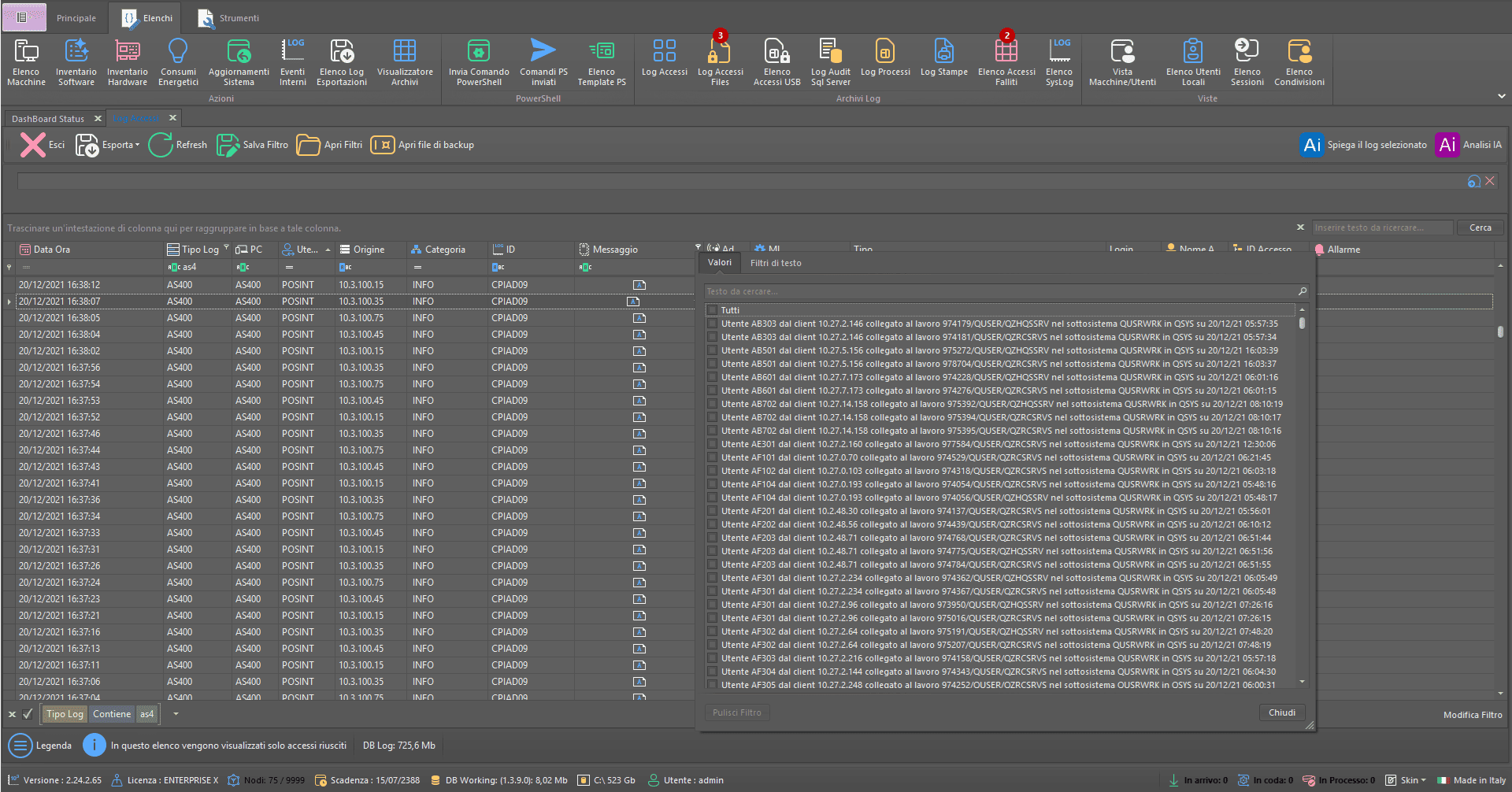Screenshot del Security Operation Center di Business LOG
