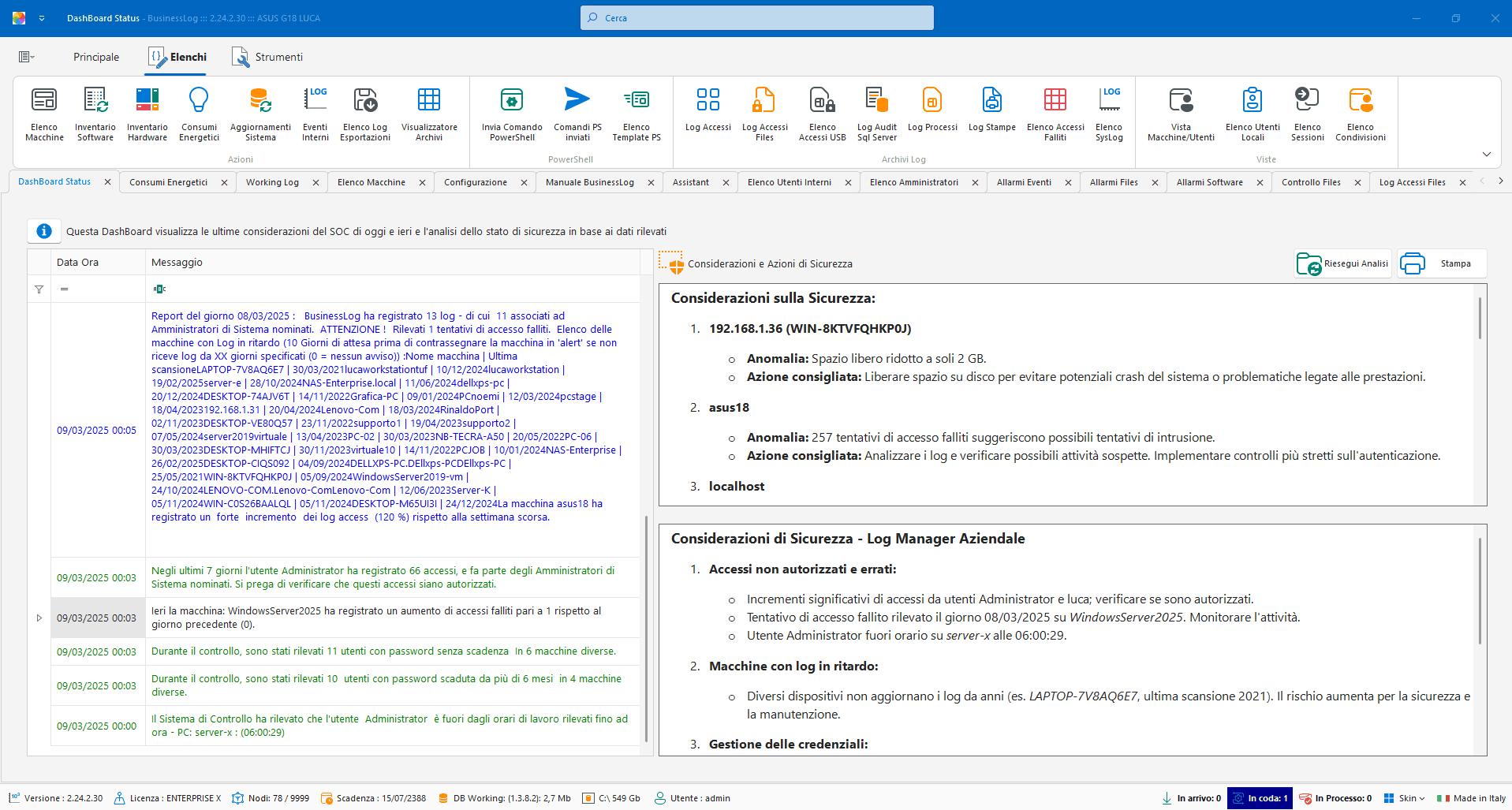 Screenshot del Security Operation Center di Business LOG