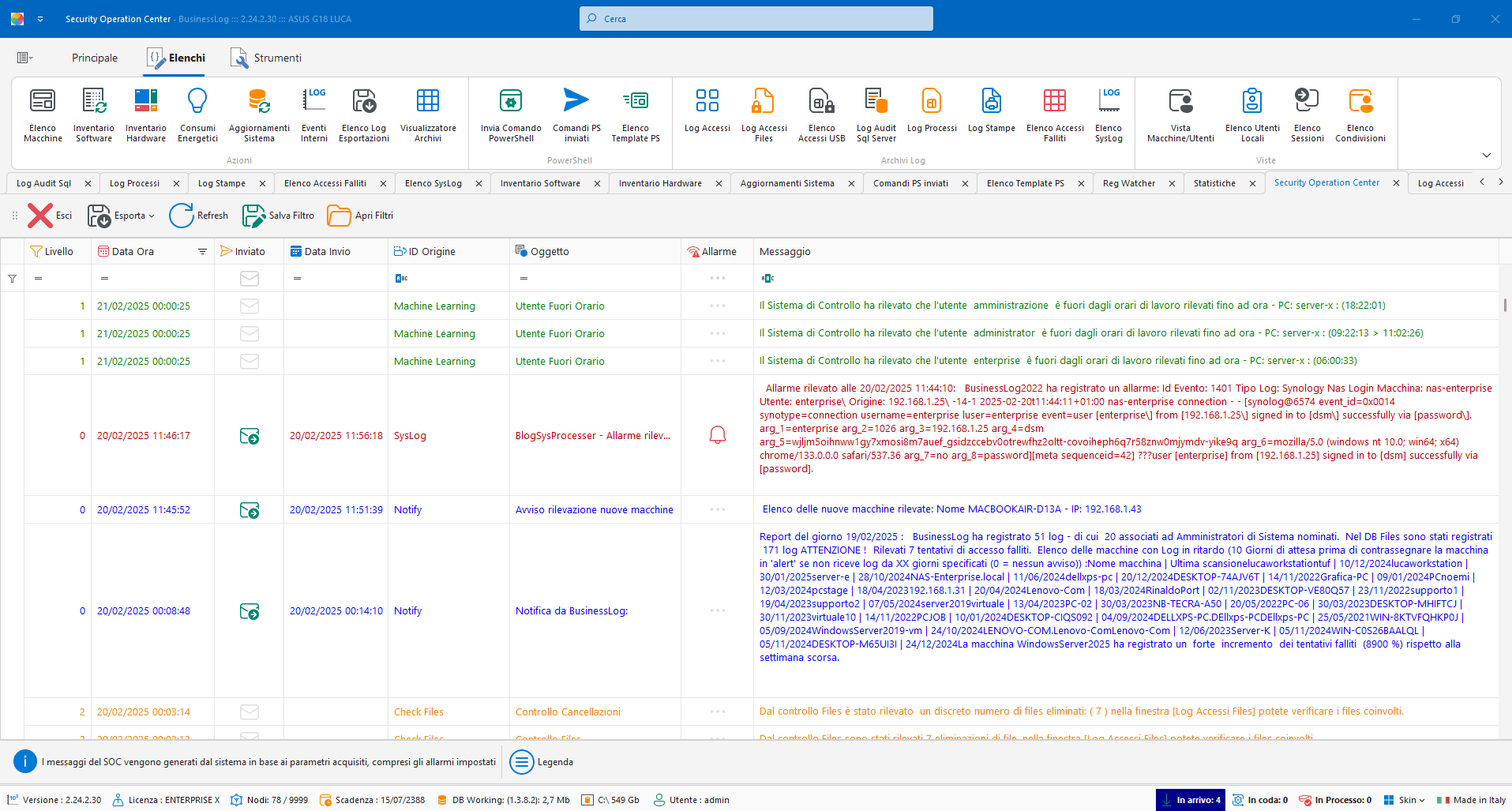Screenshot del Security Operation Center di Business LOG