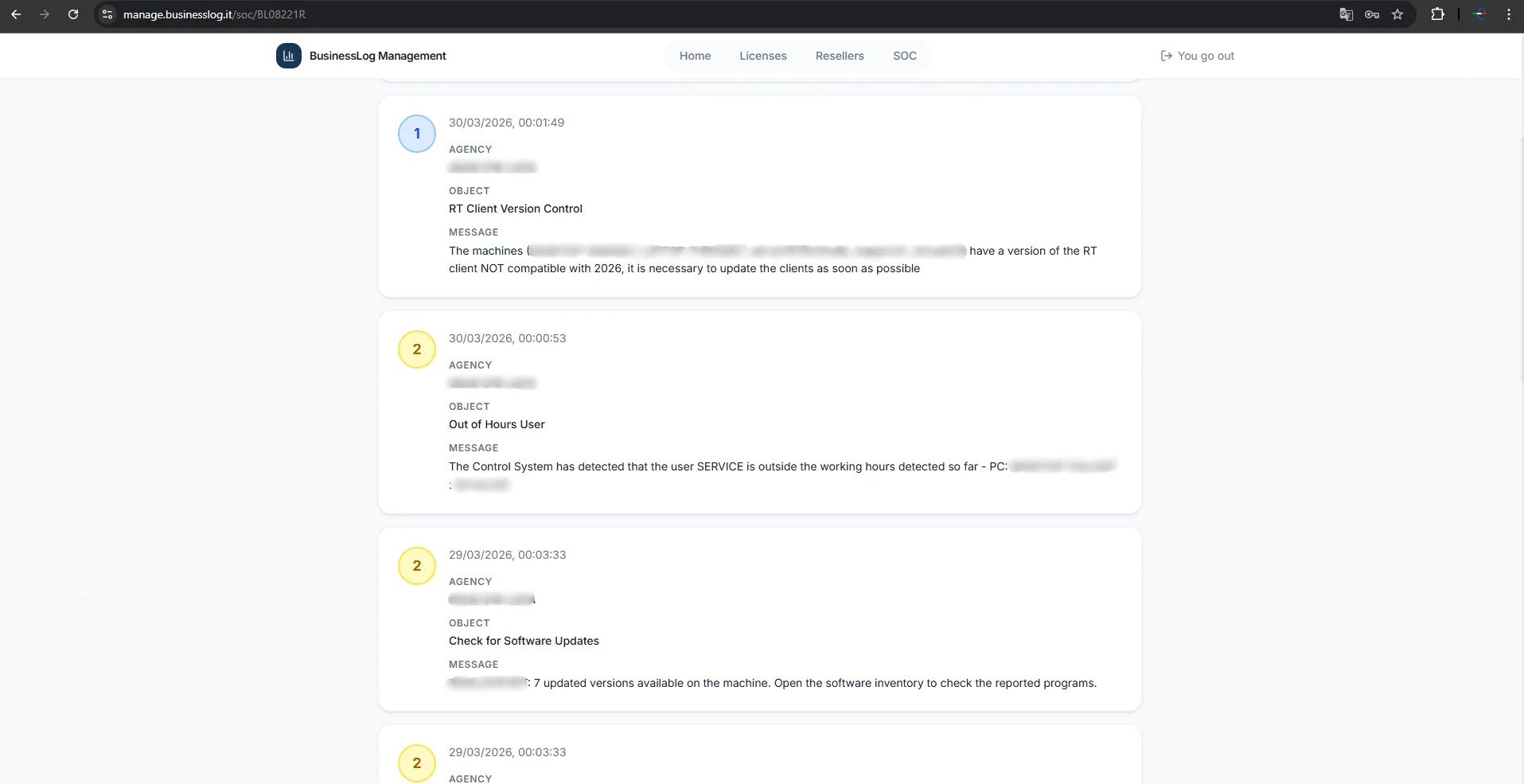 Screenshot of the Security Operation Center of BusinessLOG
