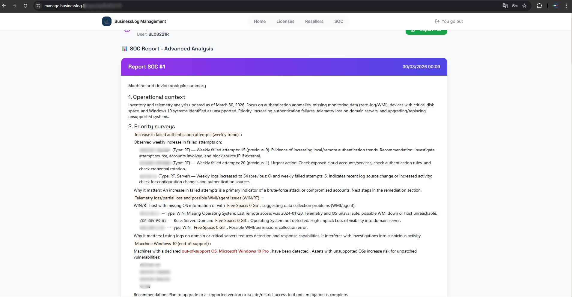Screenshot of the Security Operation Center of Business LOG