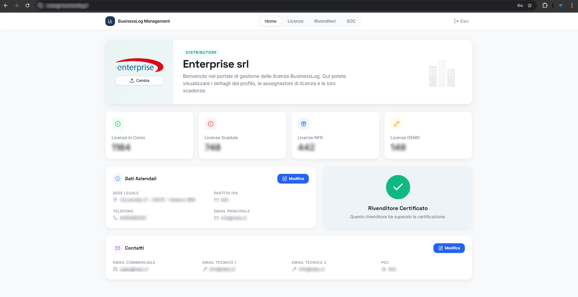 Screenshot del Security Operation Center di Business LOG