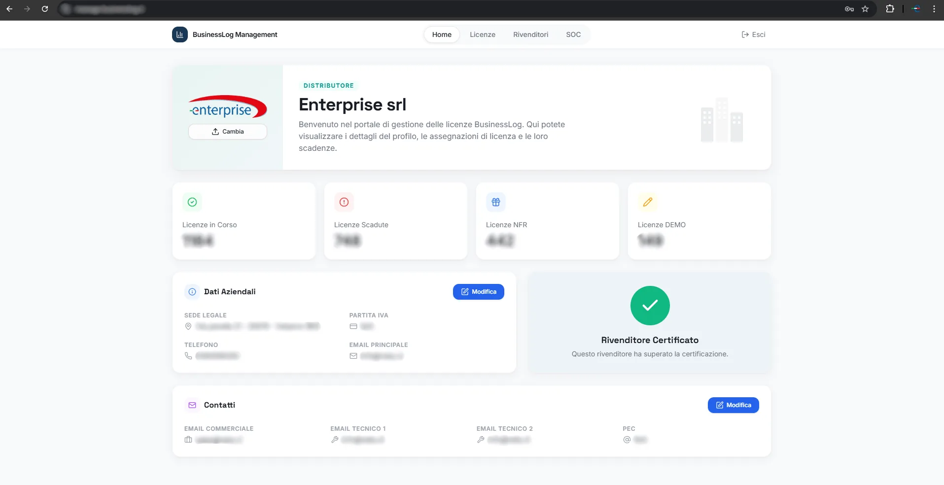 Screenshot del Security Operation Center di BusinessLOG