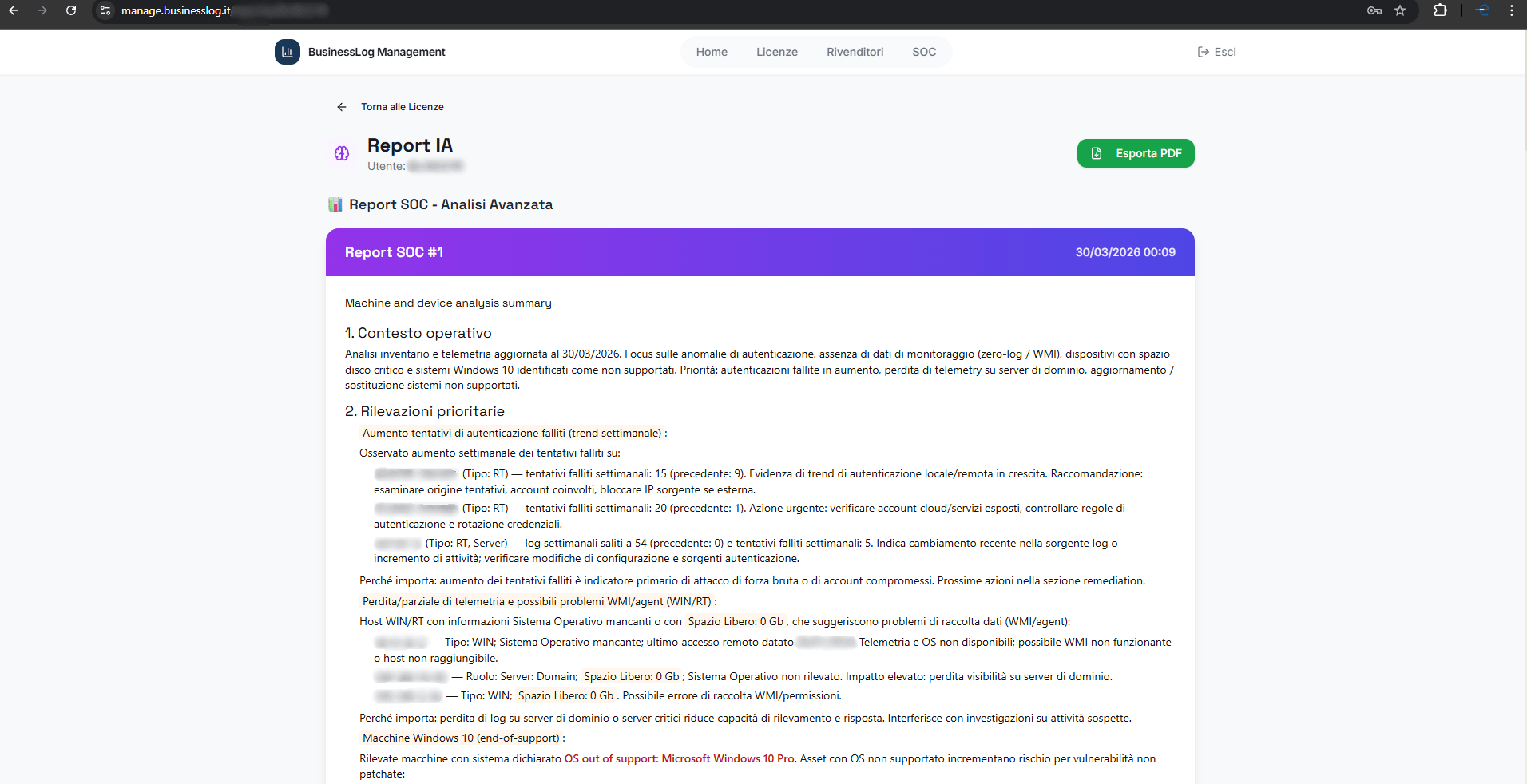 Screenshot del Security Operation Center di Business LOG