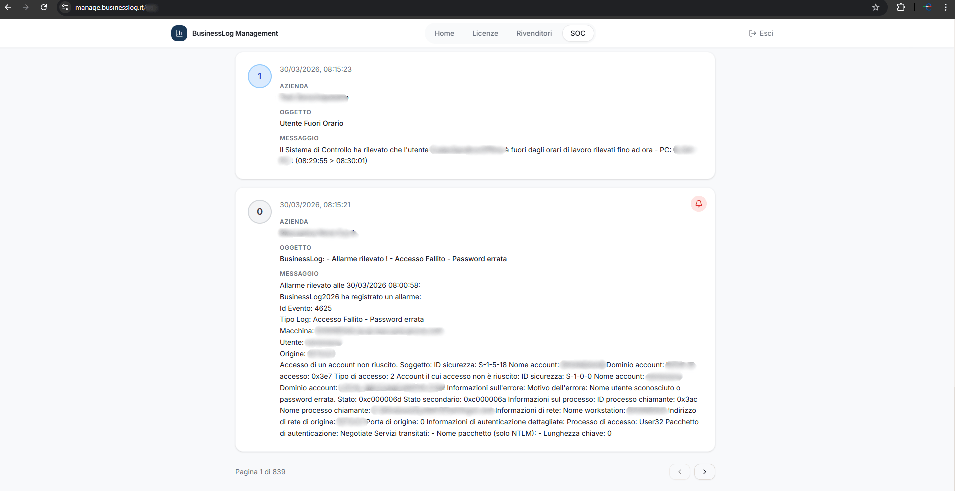 Screenshot del Security Operation Center di Business LOG