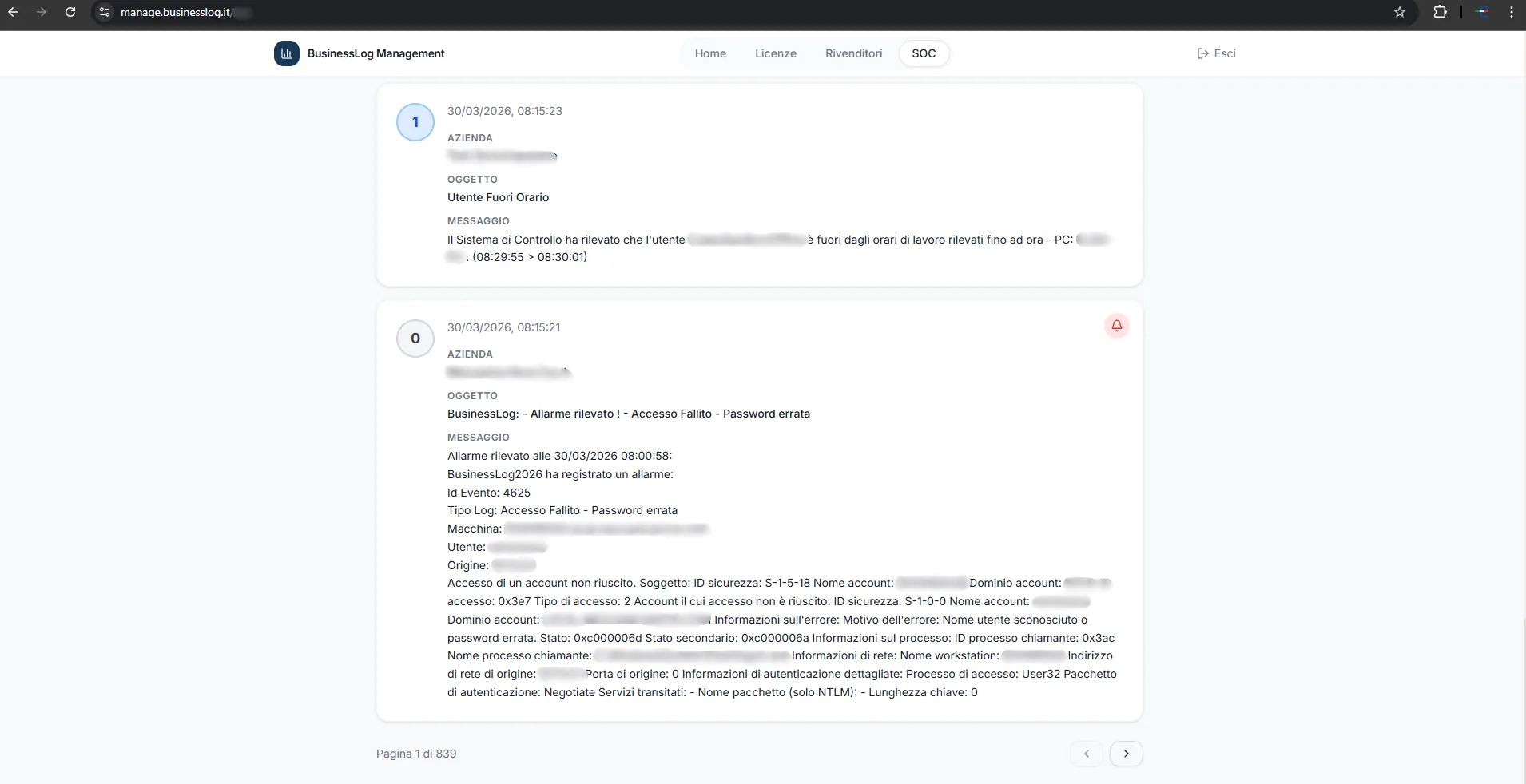 Screenshot del Security Operation Center di BusinessLOG