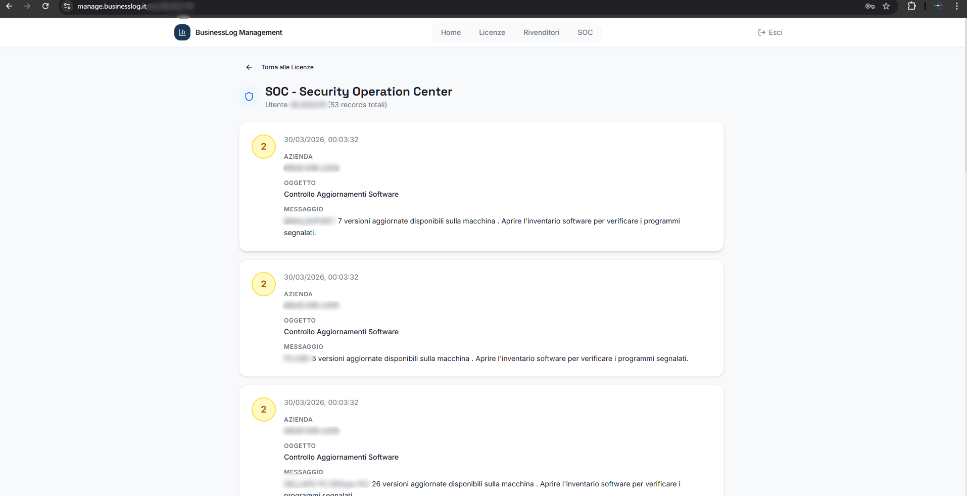Screenshot del Security Operation Center di Business LOG