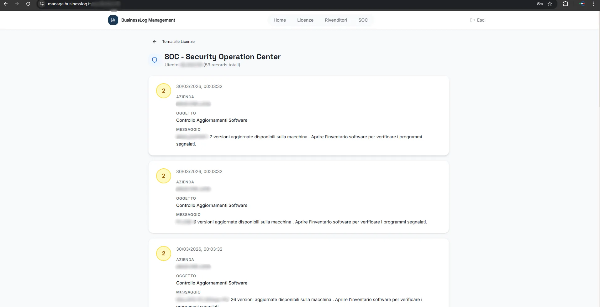 Screenshot del Security Operation Center di BusinessLOG